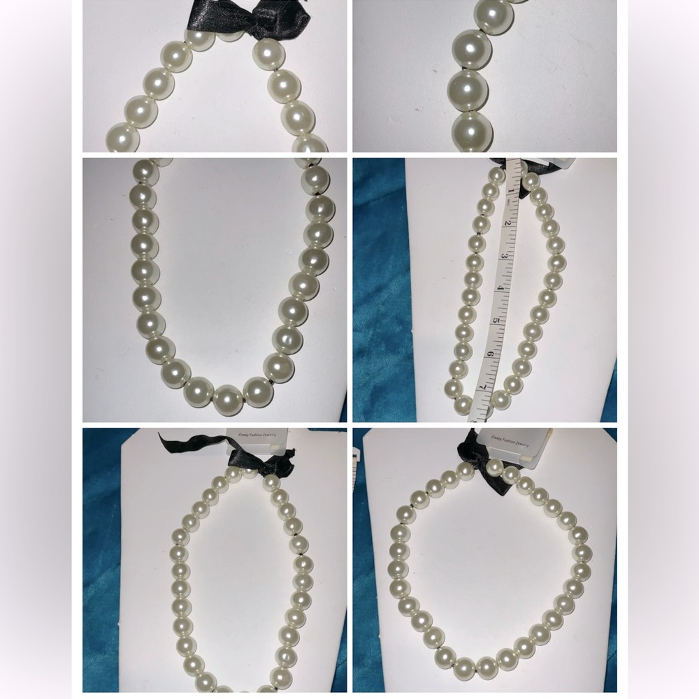 New VINTAGE FAUX LRG PEARL 16”NECKLACE BLACK RIBBON TIED CLOSURE 2003 BEAU DEFI